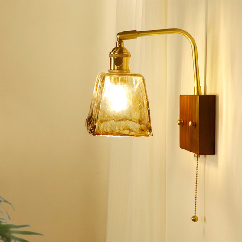 Traditional Japanese Trapezoid Copper Walnut Wood Glass 1-Light Wall Sconce Lamp For Living Room