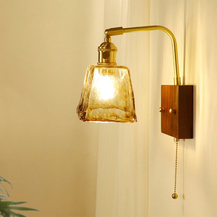 Traditional Japanese Trapezoid Copper Walnut Wood Glass 1-Light Wall Sconce Lamp For Living Room