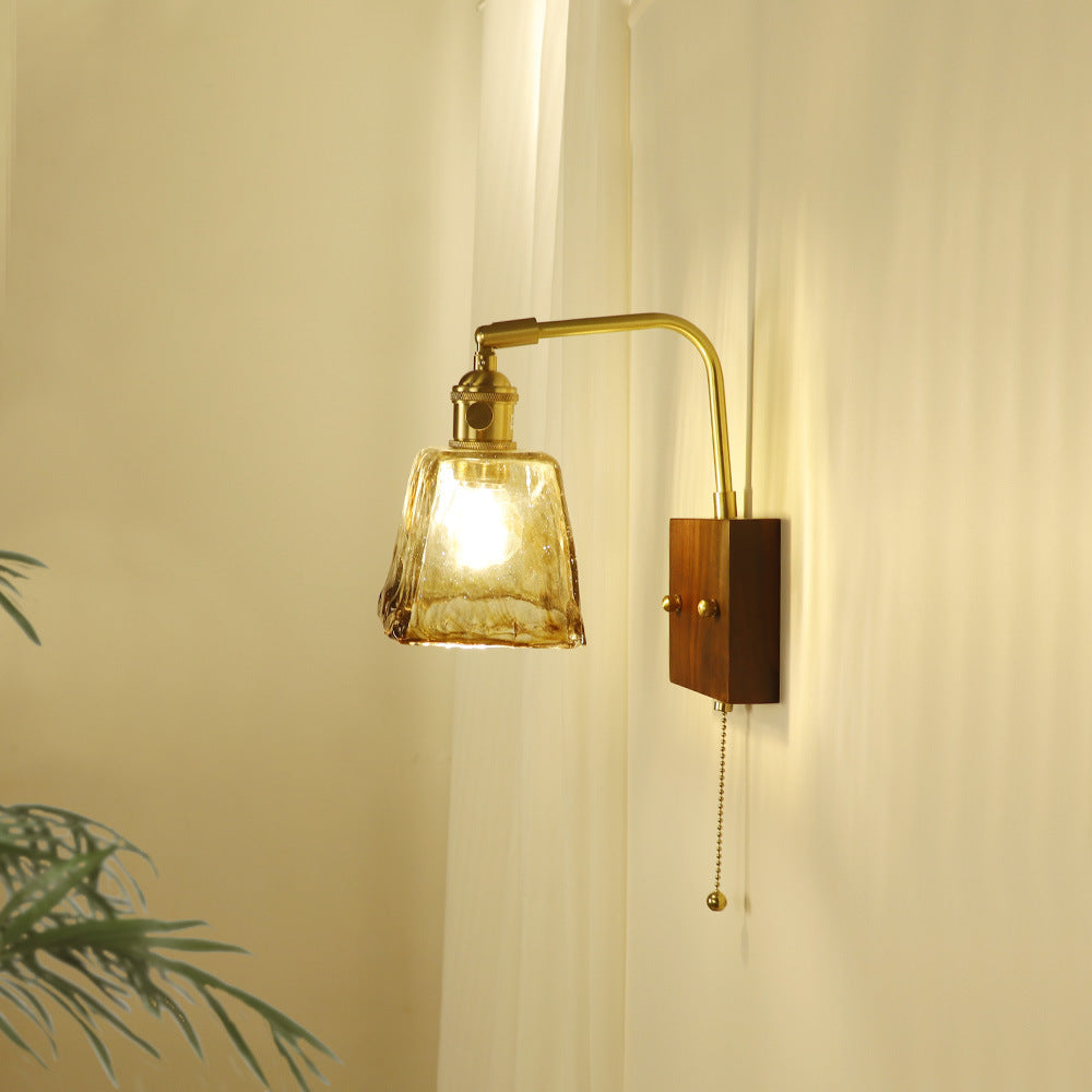 Traditional Japanese Trapezoid Copper Walnut Wood Glass 1-Light Wall Sconce Lamp For Living Room