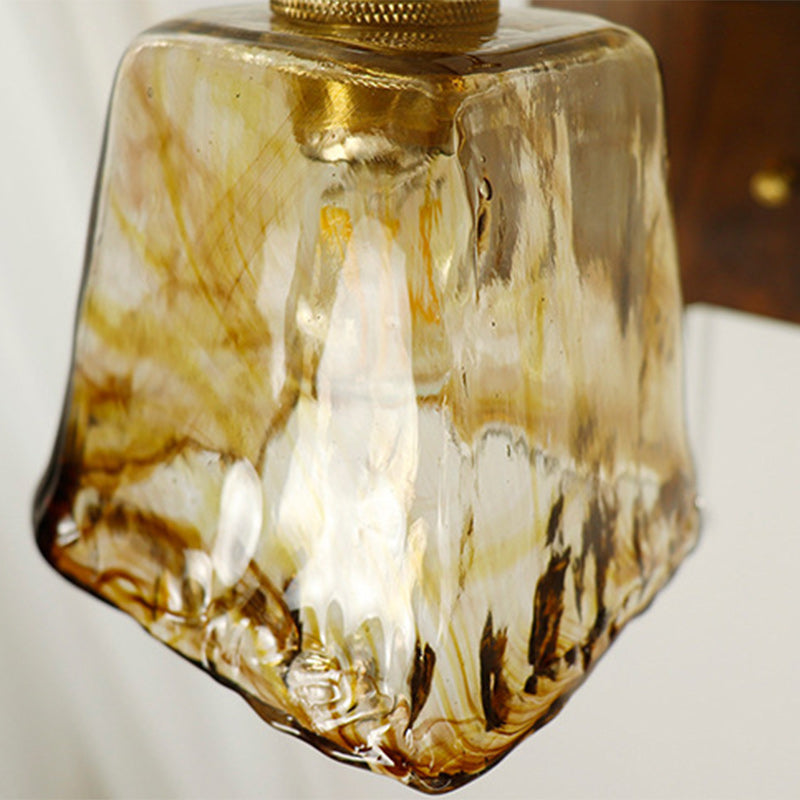 Traditional Japanese Trapezoid Copper Walnut Wood Glass 1-Light Wall Sconce Lamp For Living Room
