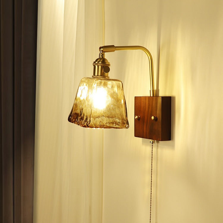 Traditional Japanese Trapezoid Copper Walnut Wood Glass 1-Light Wall Sconce Lamp For Living Room
