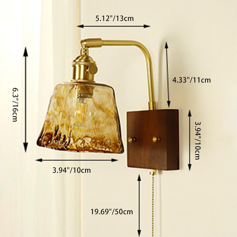 Traditional Japanese Trapezoid Copper Walnut Wood Glass 1-Light Wall Sconce Lamp For Living Room