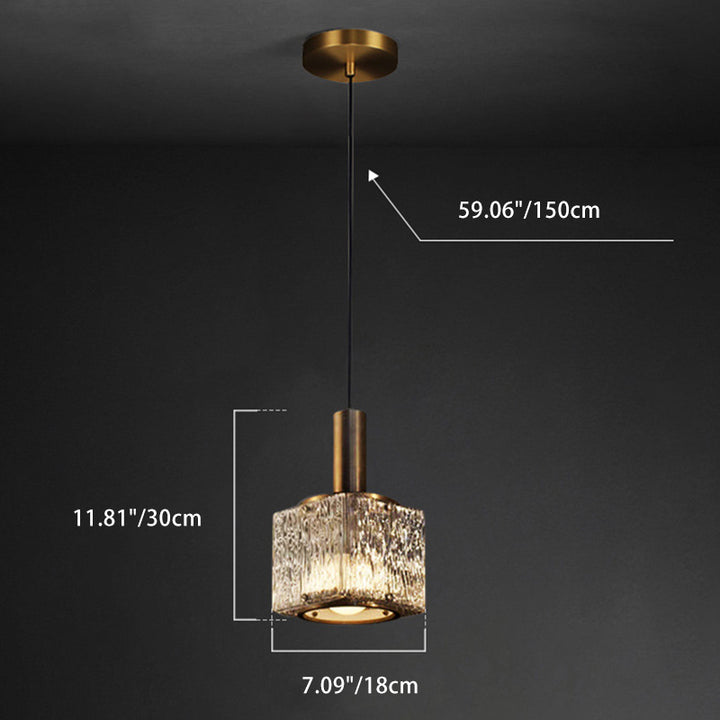 Zeitgenössische Luxus rechteckige Kupferglas 1-Licht Pendelleuchte für Wohnzimmer 