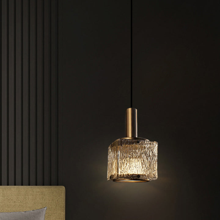 Zeitgenössische Luxus rechteckige Kupferglas 1-Licht Pendelleuchte für Wohnzimmer 