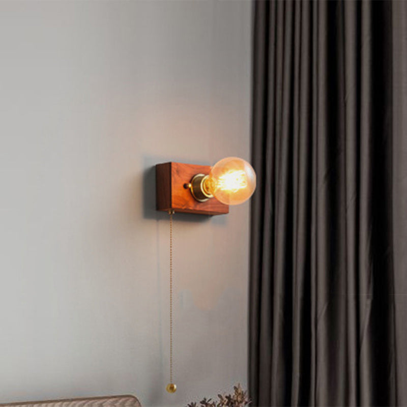 Traditional Japanese Rectangular Wood Copper 1-Light Wall Sconce Lamp For Living Room