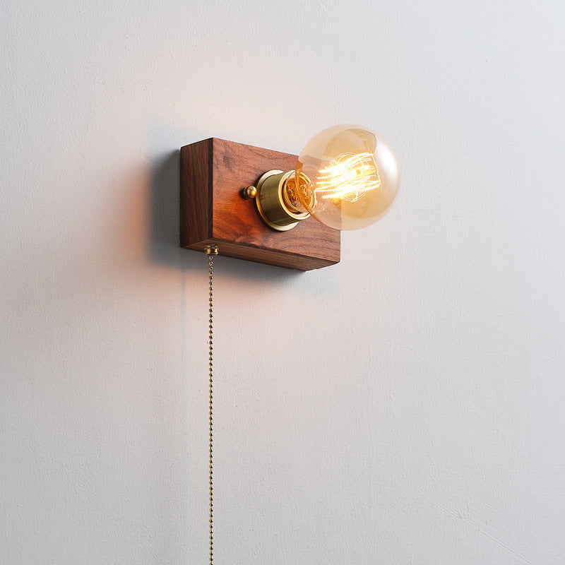 Traditional Japanese Rectangular Wood Copper 1-Light Wall Sconce Lamp For Living Room