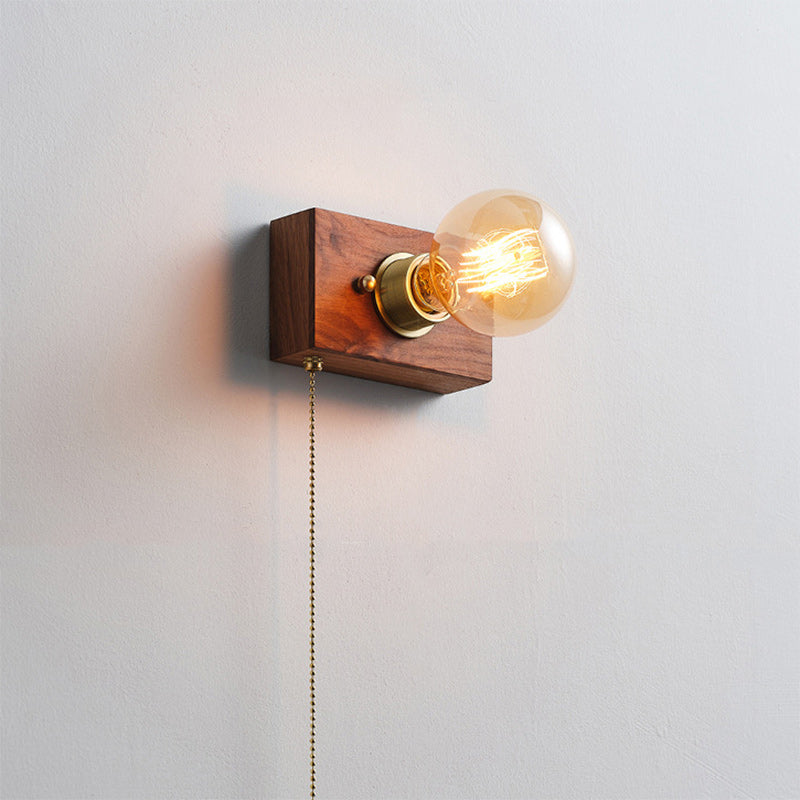 Traditional Japanese Rectangular Wood Copper 1-Light Wall Sconce Lamp For Living Room