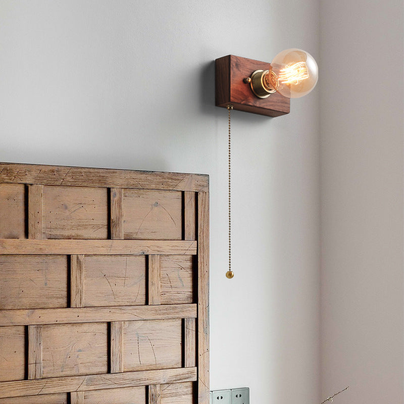 Traditional Japanese Rectangular Wood Copper 1-Light Wall Sconce Lamp For Living Room