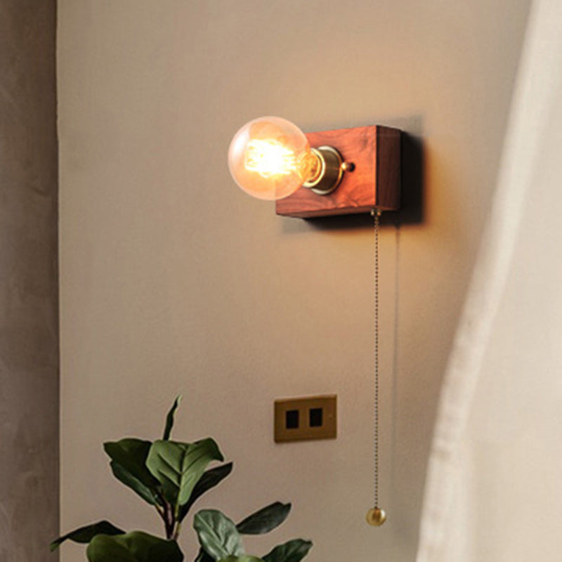 Traditional Japanese Rectangular Wood Copper 1-Light Wall Sconce Lamp For Living Room