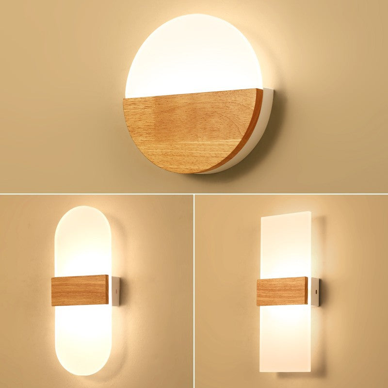 Zeitgenössische nordische runde Holz-Acryl-LED-Wandleuchte für das Wohnzimmer 