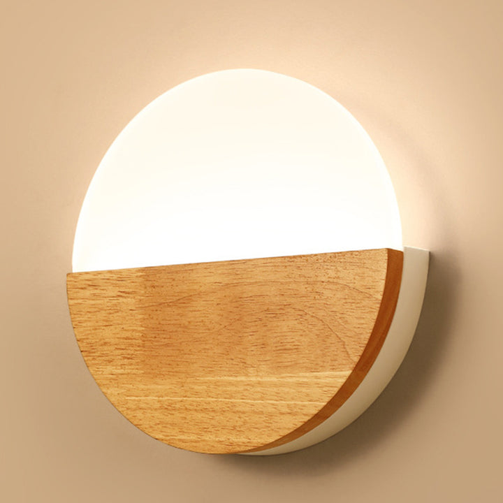 Zeitgenössische nordische runde Holz-Acryl-LED-Wandleuchte für das Wohnzimmer 