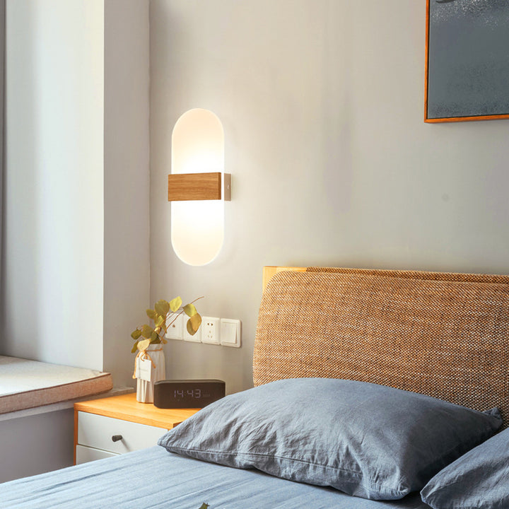 Zeitgenössische nordische runde Holz-Acryl-LED-Wandleuchte für das Wohnzimmer 