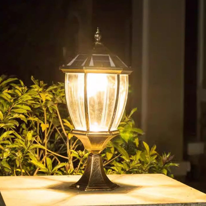 Lumière de jardin contemporaine rétro hexagonale en aluminium et verre LED solaire pour poteau 