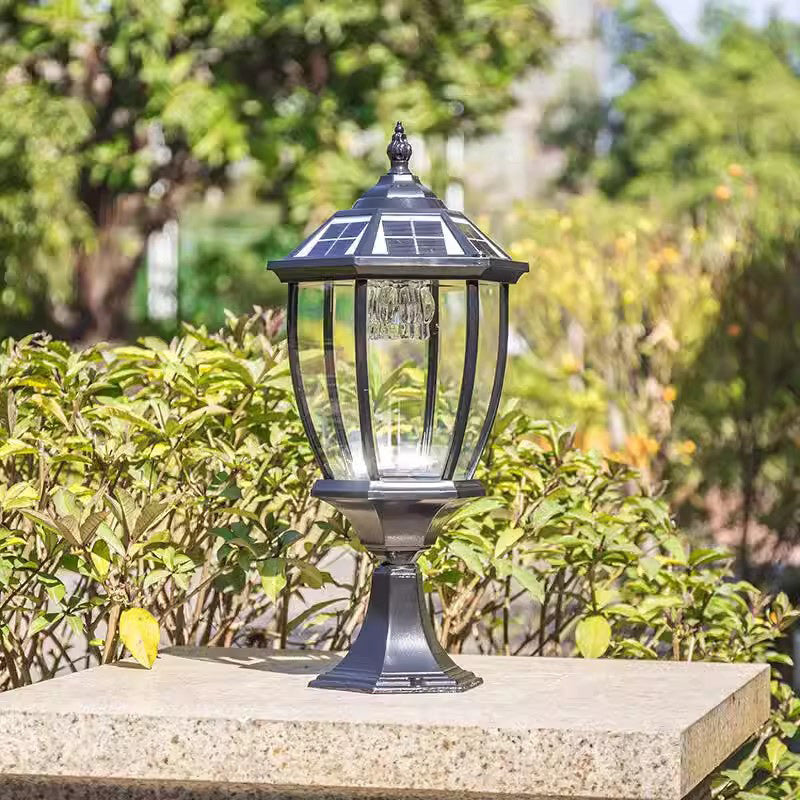 Lumière de jardin contemporaine rétro hexagonale en aluminium et verre LED solaire pour poteau 