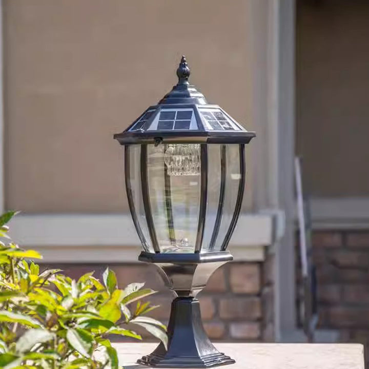 Lumière de jardin contemporaine rétro hexagonale en aluminium et verre LED solaire pour poteau 
