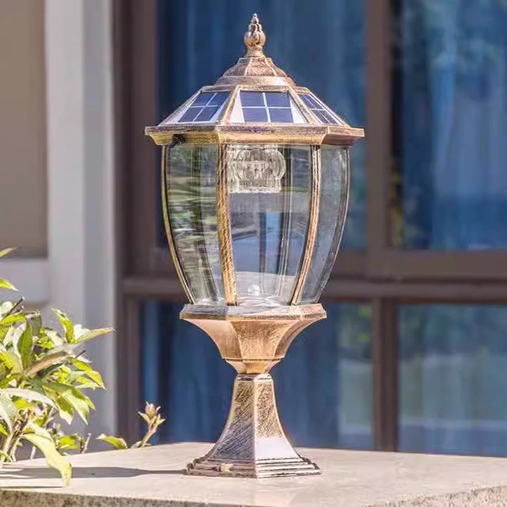 Lumière de jardin contemporaine rétro hexagonale en aluminium et verre LED solaire pour poteau 