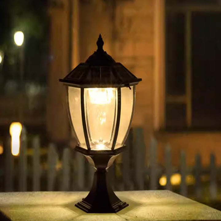 Lumière de jardin contemporaine rétro hexagonale en aluminium et verre LED solaire pour poteau 