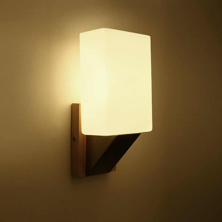 Applique murale contemporaine nordique rectangulaire en bois, fer et verre à 1 lumière pour salon 