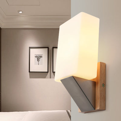 Applique murale contemporaine nordique rectangulaire en bois, fer et verre à 1 lumière pour salon 