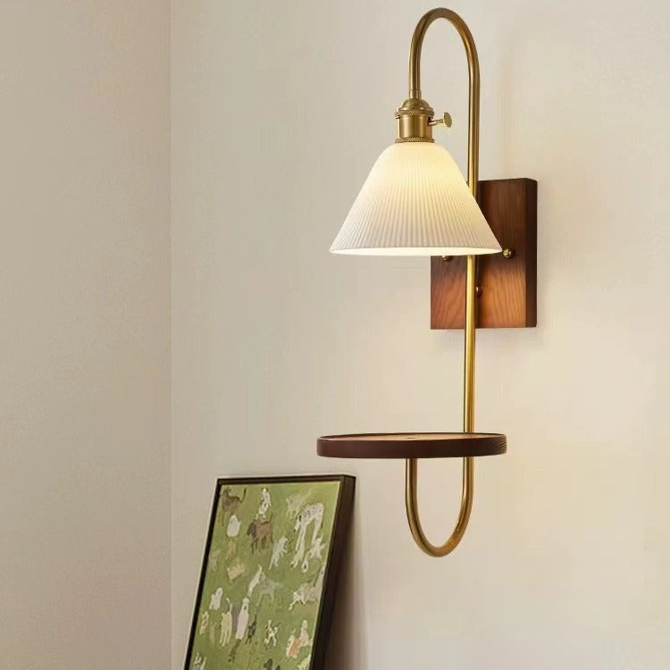 Zeitgenössische nordische Trommel Holz Eisen Keramik Glas 1-Licht Wandleuchte für Wohnzimmer 