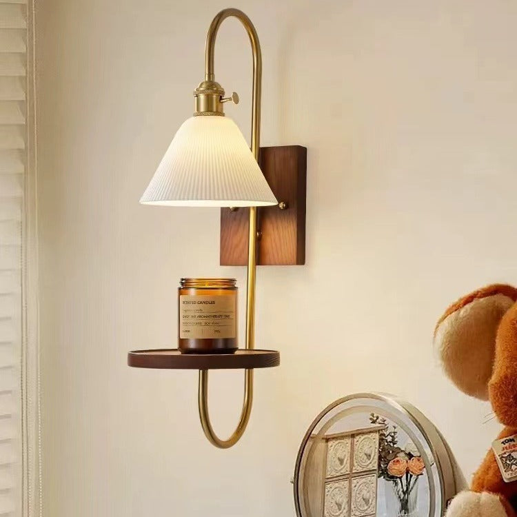 Zeitgenössische nordische Trommel Holz Eisen Keramik Glas 1-Licht Wandleuchte für Wohnzimmer 