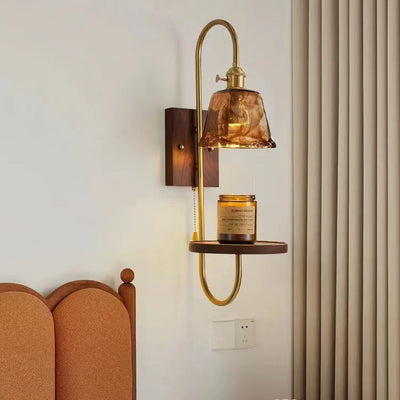 Zeitgenössische nordische Trommel Holz Eisen Keramik Glas 1-Licht Wandleuchte für Wohnzimmer 