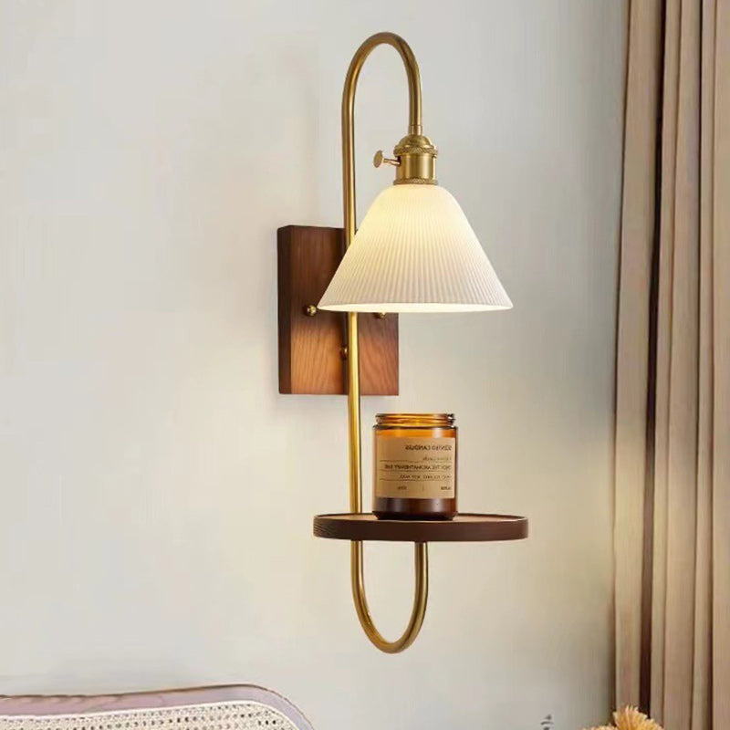 Zeitgenössische nordische Trommel Holz Eisen Keramik Glas 1-Licht Wandleuchte für Wohnzimmer 