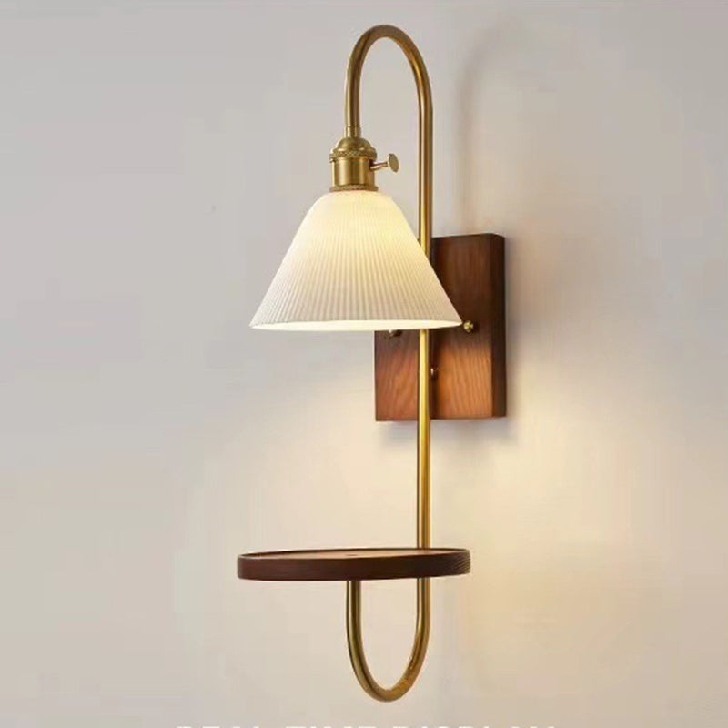 Zeitgenössische nordische Trommel Holz Eisen Keramik Glas 1-Licht Wandleuchte für Wohnzimmer 