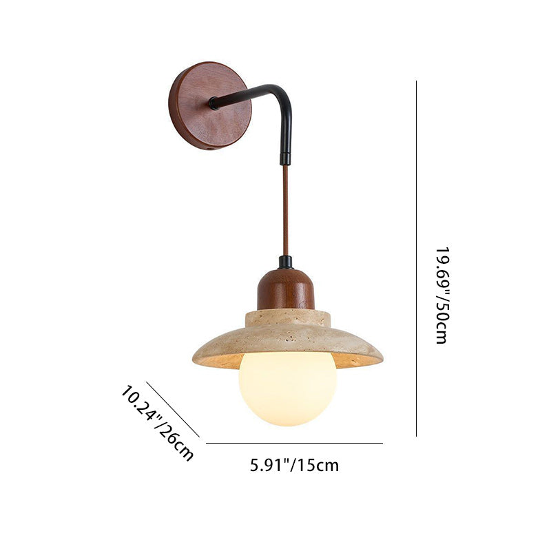 Traditional Japanese Round Stone Wood Glass 1-Light Wall Sconce Lamp For Living Room