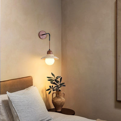 Traditional Japanese Round Stone Wood Glass 1-Light Wall Sconce Lamp For Living Room