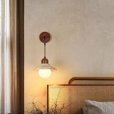 Traditional Japanese Round Stone Wood Glass 1-Light Wall Sconce Lamp For Living Room