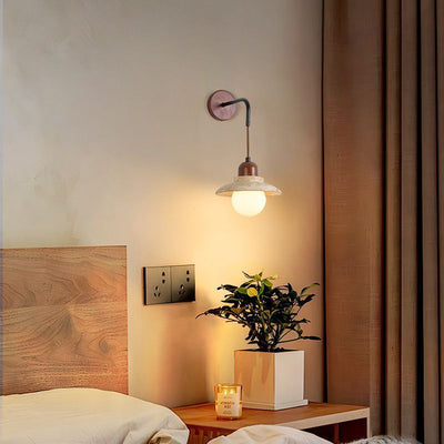 Traditional Japanese Round Stone Wood Glass 1-Light Wall Sconce Lamp For Living Room