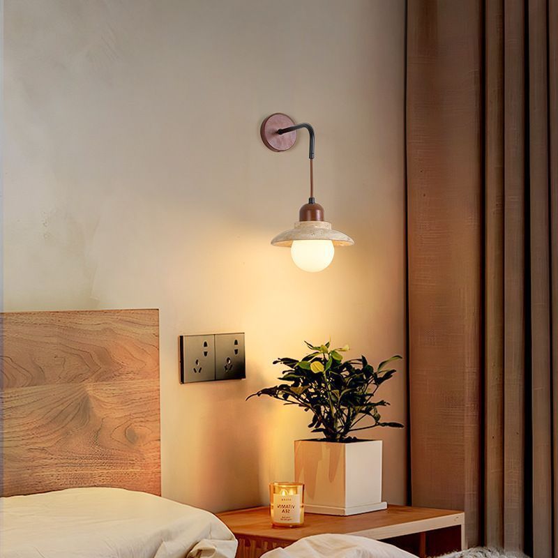 Traditional Japanese Round Stone Wood Glass 1-Light Wall Sconce Lamp For Living Room