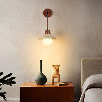 Traditional Japanese Round Stone Wood Glass 1-Light Wall Sconce Lamp For Living Room