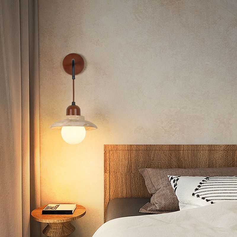 Traditional Japanese Round Stone Wood Glass 1-Light Wall Sconce Lamp For Living Room