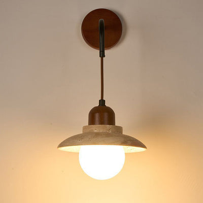 Traditional Japanese Round Stone Wood Glass 1-Light Wall Sconce Lamp For Living Room