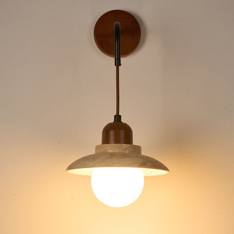 Traditional Japanese Round Stone Wood Glass 1-Light Wall Sconce Lamp For Living Room