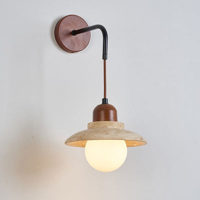 Traditional Japanese Round Stone Wood Glass 1-Light Wall Sconce Lamp For Living Room