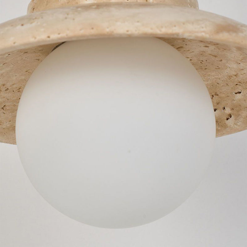 Traditional Japanese Round Stone Wood Glass 1-Light Wall Sconce Lamp For Living Room