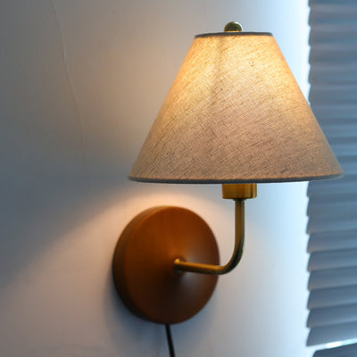 Lámpara de Aplique de Pared de 1 Luz de Tambor Vintage Tradicional de Madera y Cobre con Tela Para Sala de Estar 