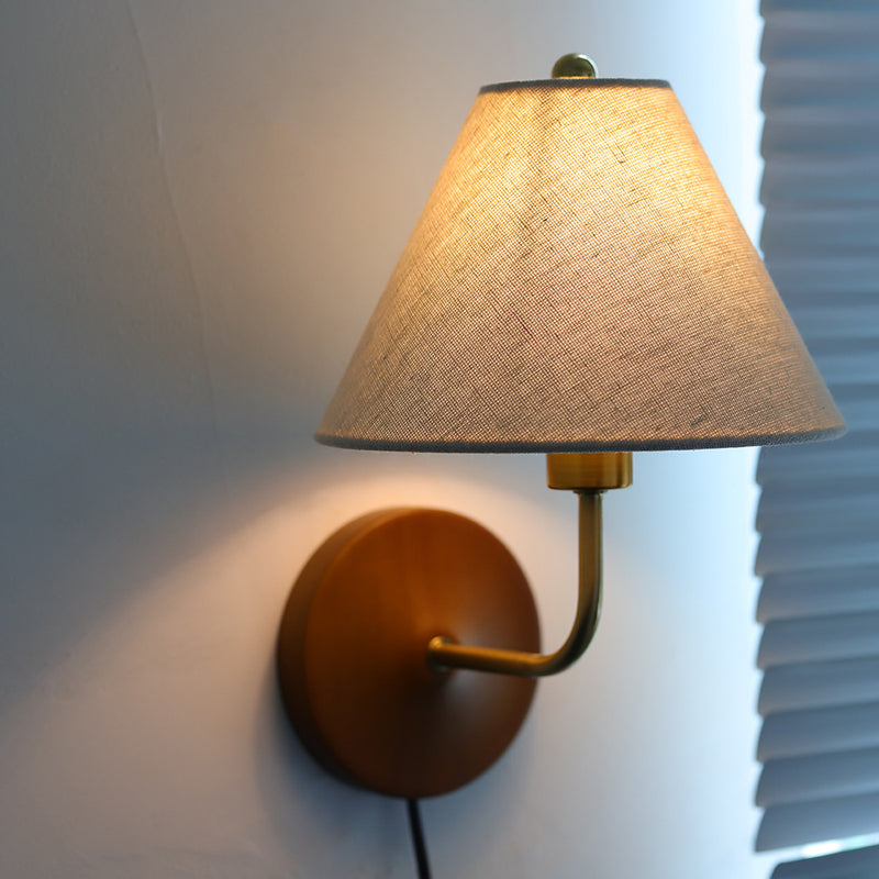 Lámpara de Aplique de Pared de 1 Luz de Tambor Vintage Tradicional de Madera y Cobre con Tela Para Sala de Estar 