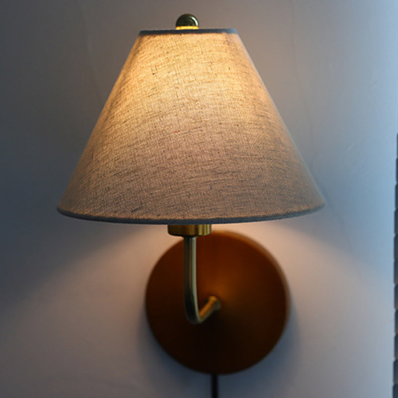 Lámpara de Aplique de Pared de 1 Luz de Tambor Vintage Tradicional de Madera y Cobre con Tela Para Sala de Estar 