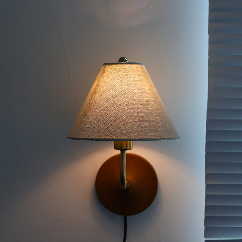 Lámpara de Aplique de Pared de 1 Luz de Tambor Vintage Tradicional de Madera y Cobre con Tela Para Sala de Estar 