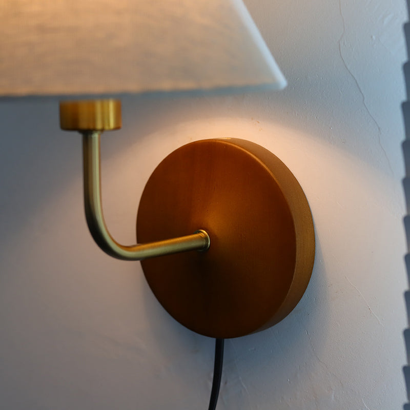 Lámpara de Aplique de Pared de 1 Luz de Tambor Vintage Tradicional de Madera y Cobre con Tela Para Sala de Estar 