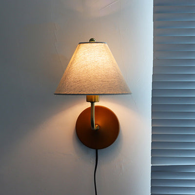 Lámpara de Aplique de Pared de 1 Luz de Tambor Vintage Tradicional de Madera y Cobre con Tela Para Sala de Estar 