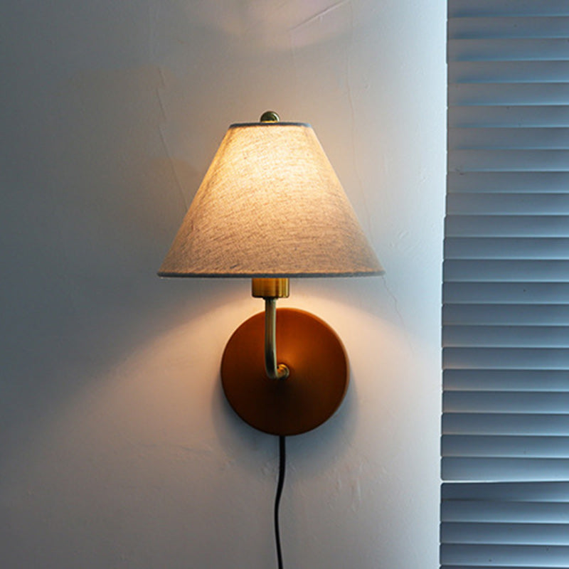 Lámpara de Aplique de Pared de 1 Luz de Tambor Vintage Tradicional de Madera y Cobre con Tela Para Sala de Estar 