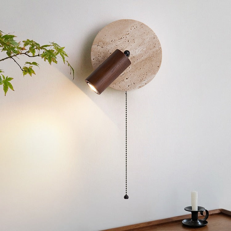Traditionelle japanische runde Stein-Holz-1-Licht-Wandleuchte für Wohnzimmer 