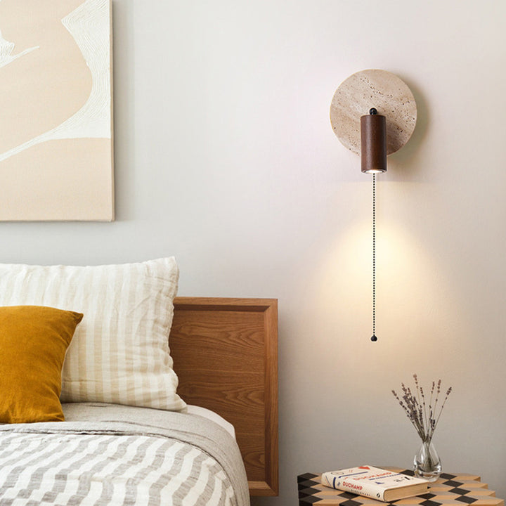 Traditionelle japanische runde Stein-Holz-1-Licht-Wandleuchte für Wohnzimmer 