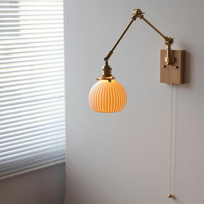 Traditional Japanese Round Wood Copper Ceramic 1-Light Wall Sconce Lamp For Living Room