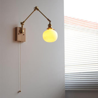 Traditional Japanese Round Wood Copper Ceramic 1-Light Wall Sconce Lamp For Living Room